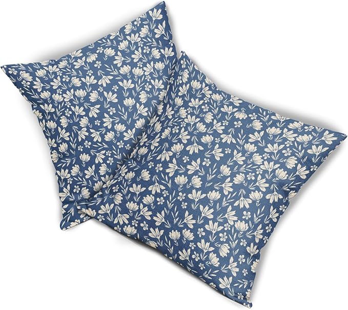Blue Pillow Covers 18x18 Set of 2 Vintage Floral Rustic Old Style Cute Flower Print Decorative Outdoor Pillowcases Seasonal Farmhouse Throw Cushion Case Decor for Couch Sofa Bed