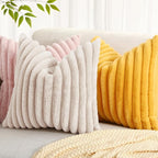 decorUhome Summer Cozy Faux Fur Throw Pillow Covers 22x22 Set of 2 Decorative Soft Plush Striped Modern Farmhouse Boho Couch Euro Sham Pillow Cases with Velvet Back for Sofa Bed Living Room, Beige