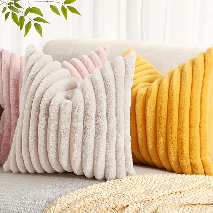 decorUhome Summer Cozy Faux Fur Throw Pillow Covers 16x16 Set of 2 Decorative Soft Plush Striped Modern Farmhouse Boho Couch Pillow Cases with Velvet Back for Sofa Bed Living Room, Beige