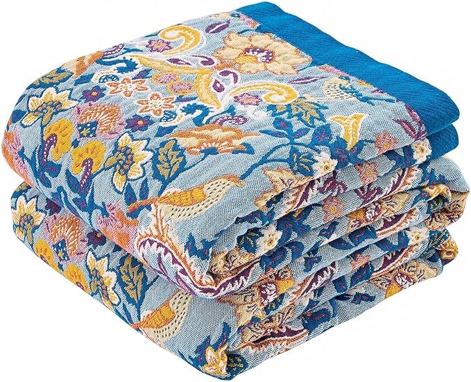 Boho Throw Blanket for Bed, 100% Cotton Soft Rustic Quilt Fall Blanket, 90"x98" Floral Printed Farmhouse Decor Bed Blankets, All Season Rustic Reversible Bohemian Throw Quilt