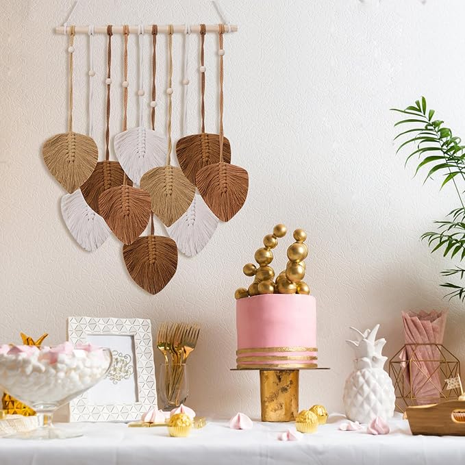 Macrame Wall Hanging Leaves Tapestry, EaseMykit Nursery Decor Leaves Woven Tapestry Feather Handmade Yarn Tassels Boho Wall Decor Leaves Art Decorations for Bedroom Living Room Apartment Home Backdrop(Autumn Brown)