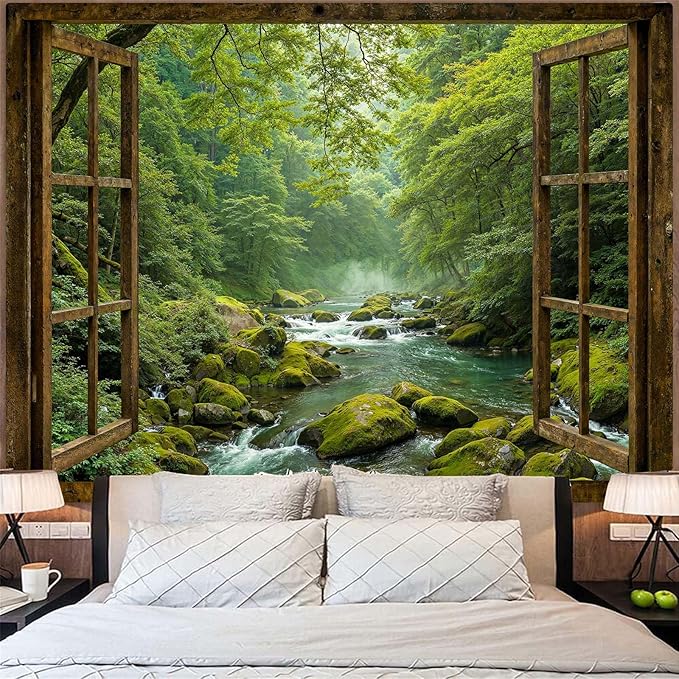 Accnicc Window Forest Tapestry Green Nature Jungle Wall Tapestry for Bedroom Aesthetic Rainforest Stream Outdoor Landscape Extra Large Tapestries Wall Hanging for Dorm Living Room Decor 90 x 68 Inch