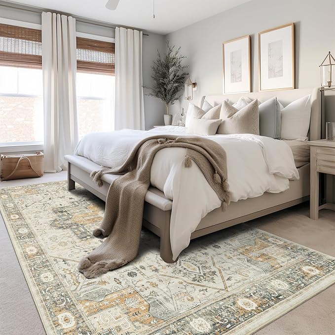 8x10 Area Rugs for Living Room, Vintage Washable Rug with Non-Slip Backing, Stain Resistant Large Area Rug for Dining Room, Soft Rugs for Bedroom (Orange/Light Grey, 8'x10')