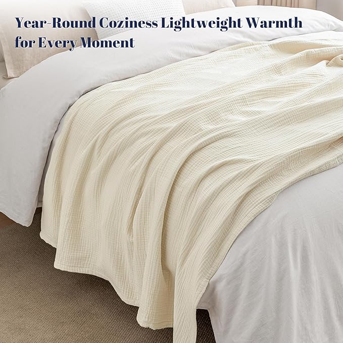 PHF 100% Cotton Muslin Blanket King Size 108"x90", 4-Layer Lightweight Gauze Throw, Breathable Cloud-Soft Minimalist Blanket for Bed, Couch, Camping & Baby, Birch, Ideal Gift