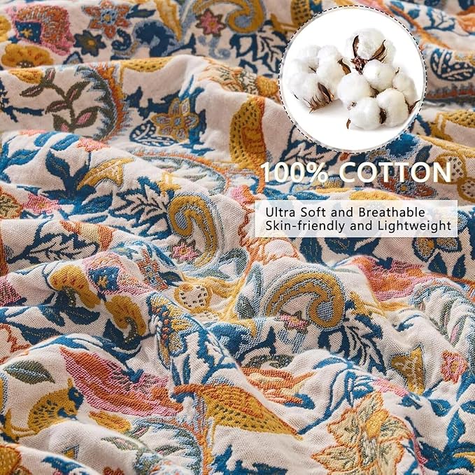 Boho Throw Blanket Farmhouse Decor Throw Blanket Bohemian Blanket for Bed 100% Cotton Muslin Woven Couch Blanket All Seasons Quilt Bedroom (White, 60"x80")
