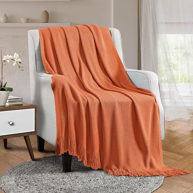 Vonty Rust Orange Knitted Blanket with Tassels Fringe 60" x 80", Super Soft Knit Throw Blanket, Farmhouse Decorative Lightweight Blanket for Couch, Sofa, Bed