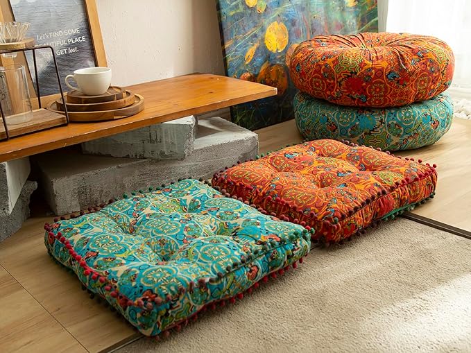 Cotton Linen Morocco Floor Cushions, Meditation Pillow, Futon Tatami Mats, Thickened Square Cushions for Outdoor Fireplace Yoga Living Room Reading Nook (BlueA,17''x17'')
