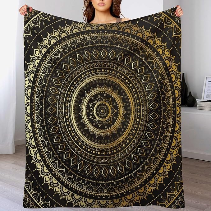 Black Gold Mandala Throw Blanket Boho Indian Hippie Vintage Abstract Bohemian Flower Blanket for Sofa Bed Couch Chair Or Dorm 70"x80"