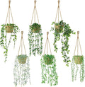 6 Set Mini Fake Hanging Plants with Woven Basket Boho Artificial Ivy Faux Vines Eucalyptus Leaf for Indoor Home Wall Living Room Bathroom Shelf Decor (Mandragora Leaf)