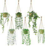 6 Set Mini Fake Hanging Plants with Woven Basket Boho Artificial Ivy Faux Vines Eucalyptus Leaf for Indoor Home Wall Living Room Bathroom Shelf Decor (Mandragora Leaf)