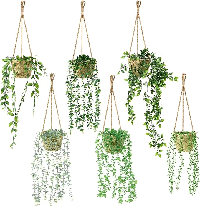 6 Set Mini Fake Hanging Plants with Woven Basket Boho Artificial Ivy Faux Vines Eucalyptus Leaf for Indoor Home Wall Living Room Bathroom Shelf Decor (Mandragora Leaf)