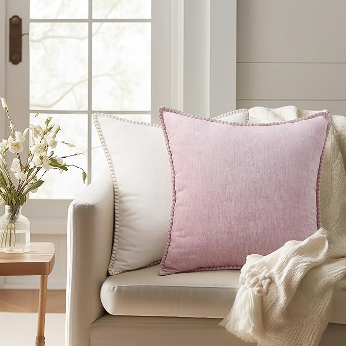 decorUhome Summer Chenille Soft Cozy Throw Pillow Covers 18x18 Set of 2, Modern Farmhouse Boho Velvet Decorative Pillow Cases with Stitched Edge for Couch Sofa Bed Home Decor, Blush Pink