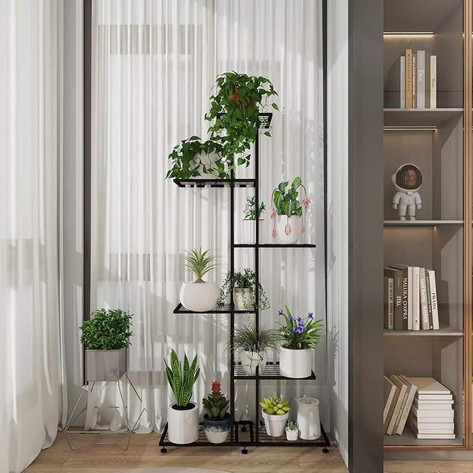 Plant Stand Indoor Outdoor Plant Stands for Patio 6 Tier Tall Plant Stand Metal Flower Shelf Multilayer Flower Holder Modern Black Corner Decoration Racks for Gardern,Balcony,Hallway (6-Tier)