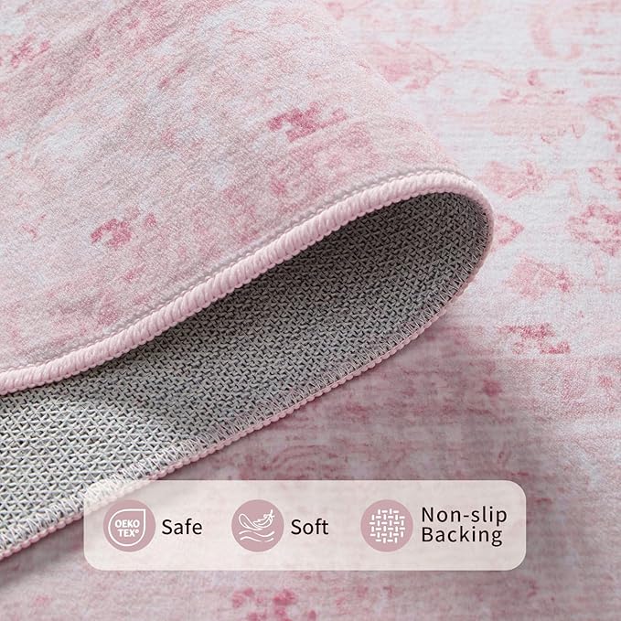 4x6 Rug for Living Room Bedroom, Pink Washable Throw Rugs, Vintage Retro Boho Area Rugs, Non Slip & Low Pile Accent Carpet for Indoor Nursery Room, Dining Room, Kids Girls Room