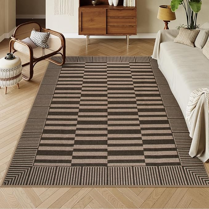 Beevia Striped 5x7 Neutral Jute Rug, Indoor Outdoor Rugs for Living Room, Farmhouse Modern Non-Slip Large Floor Carpet for Patio Balcony Dining Room Decor (Nature, 5x7ft)
