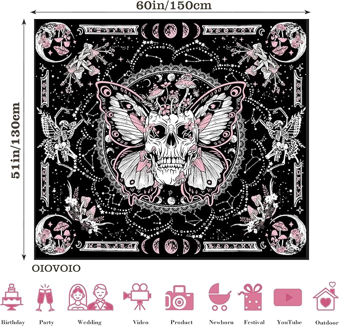 OIOVOIO Skeleton Butterfly Tapestry Skull Mushroom Wall Tapestries Hippie Nature Plants Floral Flower Aesthetic Tapestry Moon Phase Tapestries Wall Hanging for Living Room Dorm (Pink, 59” x 51”)