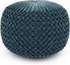 SIMPLIHOME Renee Round Pouf - 20 inch Wide Upholstered Velvet Ottoman in Teal, Boho Footstool or Extra Seating for Living Room or Bedroom with Button-Tufted Pleated Design, Assembled