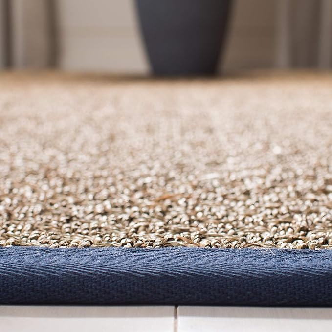 SAFAVIEH Area Rug 5x8 - Natural Fiber Collection - Natural & Blue, Seagrass, Basketweave Pattern with Border (NF114E)