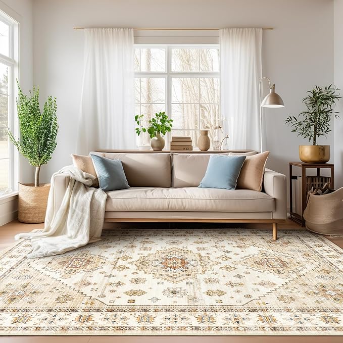 Washable Rugs 8x10, Ultra-Thin Non-Slip 8x10 Area Rugs for Living Room, Soft Vintage Large Area Rug, Foldable Farmhouse Bedroom, Dining Room Rug (Light Brown/Beige, 8'x10')