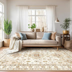 Washable Rugs 8x10, Ultra-Thin Non-Slip 8x10 Area Rugs for Living Room, Soft Vintage Large Area Rug, Foldable Farmhouse Bedroom, Dining Room Rug (Light Brown/Beige, 8'x10')