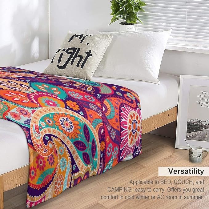 Boho Paisley Floral Throw Blanket Mandala Indian Bohemian Colorful Flowers Blanket for Sofa Bed Couch Chair Or Dorm 60"x80"