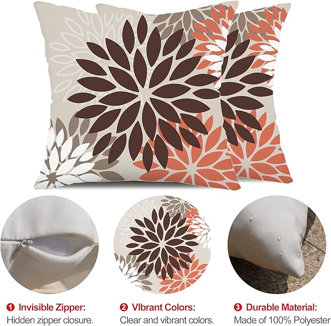 DFXSZ Brown Red Orange Pillow Covers 20x20 Inch Set of 2 Flower Throw Pillows Outdoor Waterproof Decor for Living Room Couch Patio Funiture Garden Modern Floral Polyester Pillow Covers 002A20