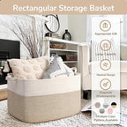 Goodpick Large Woven Blanket Basket 23.6" x 15.7" x 13.8" Cotton Rope Storage Organizer for Dirty Clothes Pillows, Soft Toy Storage Basket for Nursery Home Decor, White & Light Brown