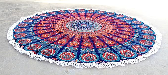 Round Beach Tapestry Turquoise Mandala Throw/Boho Hippie Beach Blanket Roundie/Indian Cotton Bohemian Large Round Table Cloth-Home Decor/Yoga Mat Meditation Picnic Rug (70", Orange And Blue)