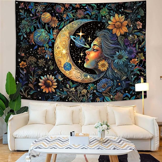 Accnicc Sun and Moon Tapestry for Bedroom Hippie Boho Floral Flower Plant Wall Tapestry Aesthetic Vintage Celestial Spiritual Extra Large Tapestries Wall Hanging for Living Room Dorm 90 x 68 Inch