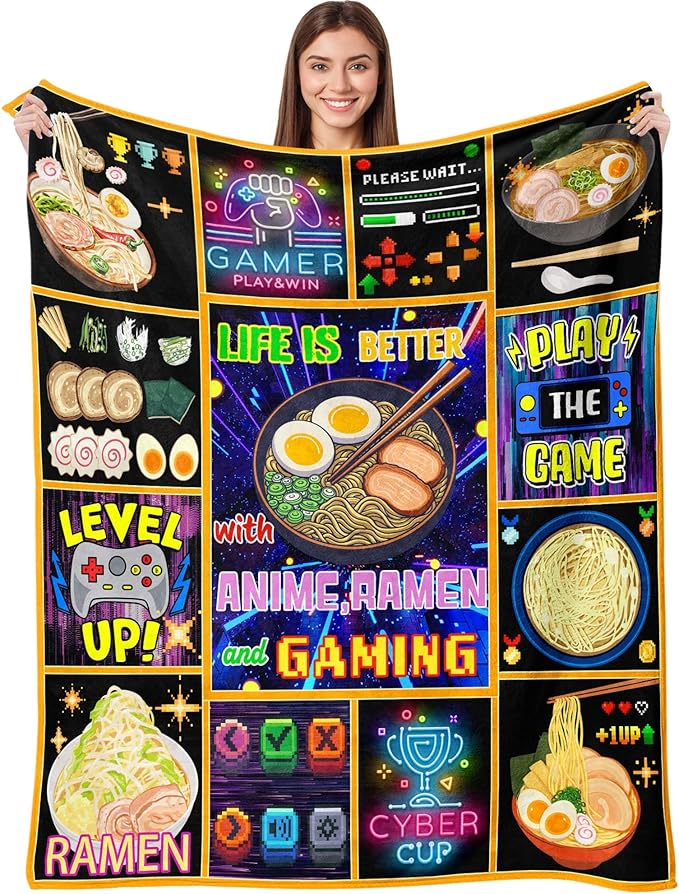 Aipon Anime Ramen Gaming Gamer Blanket 50"x 60", Anime Ramen Lover Gaming Gamer Gifts for Boys Kids Men, Funny Food Game Controller Blankets, Soft Cozy Lightweight Throw Blanket for Girls Women