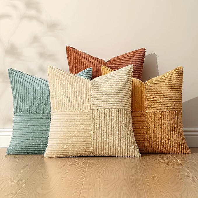 MIULEE Boho Farmhouse Decorative Throw Pillow Covers 20x20 Inch 4 Packs Soft Vintage Pillow Cases Modern Corduroy Patchwork Cushion Covers for Couch Sofa Bed Home Decor, Teal-Rust