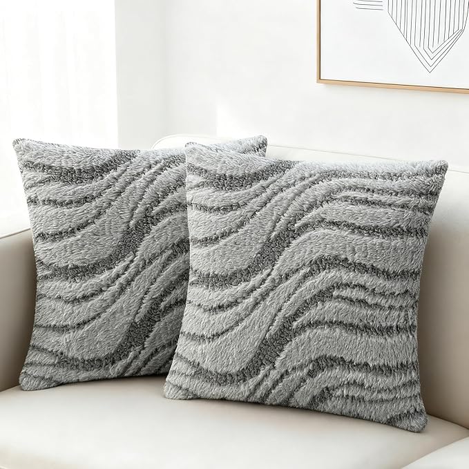 Grey Pillow Covers 20x20 Inches Set of 2,Soft Faux Fur Textured Throw Pillow Covers Boho Geometric Reversible Decorative Pillow Covers Home Decor for Couch Bed Livingroom