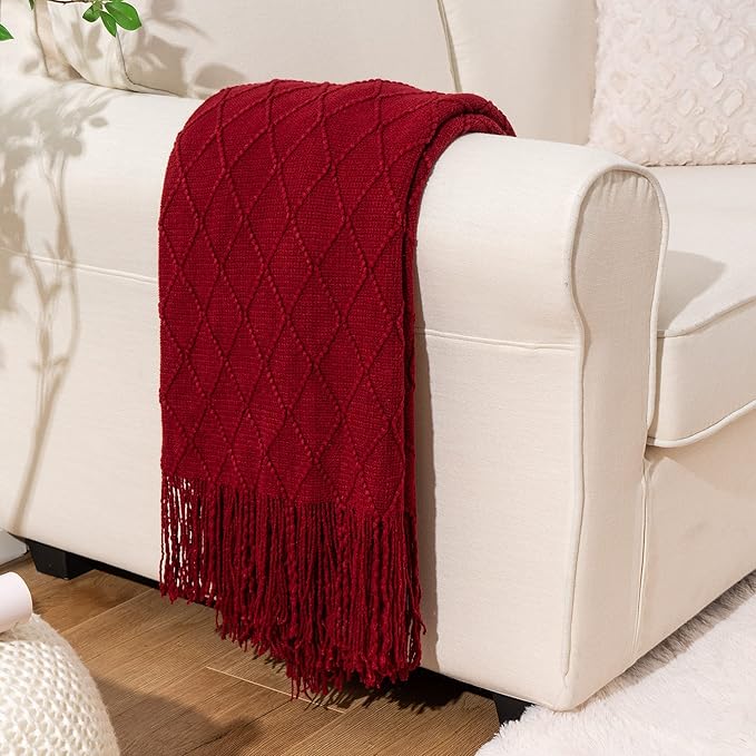 BATTILO HOME Christmas Decor Red Throw Blanket for Couch, Boho Bed Throws for Foot of Bed, Decorative Red Throws for Sofa Living Room, 50"x60"
