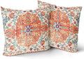 Orange Blue Ethnic Boho Throw Pillow Covers 24x24 Inch Decorative Bohemian Carpet Vintage Rust Coral Floral Pillow Cases Rustic Rug Cushion Covers Farmhouse Home Decor For Sofa Couch Outdoor Set of 2