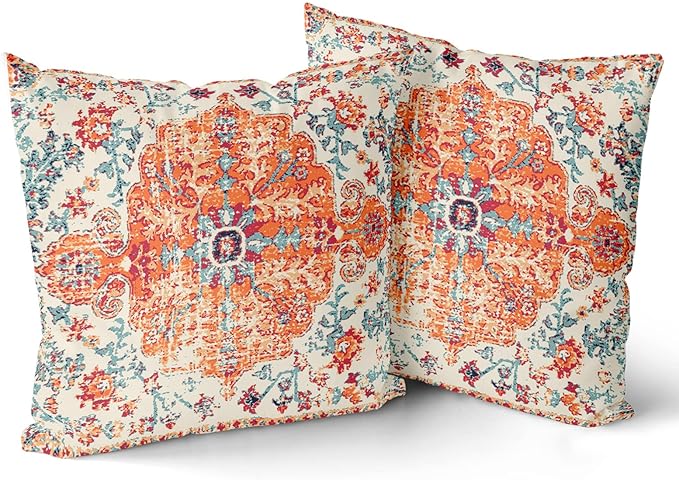 Orange Blue Ethnic Boho Throw Pillow Covers 24x24 Inch Decorative Bohemian Carpet Vintage Rust Coral Floral Pillow Cases Rustic Rug Cushion Covers Farmhouse Home Decor For Sofa Couch Outdoor Set of 2