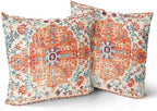 Orange Blue Ethnic Boho Throw Pillow Covers 20x20 Inch Decorative Bohemian Carpet Vintage Rust Coral Floral Pillow Cases Rustic Rug Cushion Covers Farmhouse Home Decor For Sofa Couch Outdoor Set of 2