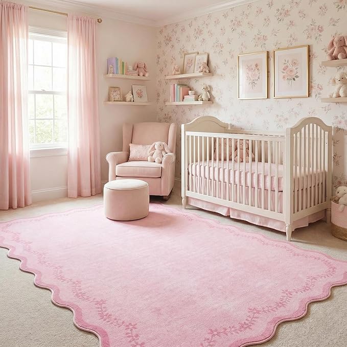 GarveeHome Valentines Scalloped Area Rugs 8x10 for Girls Bedroom, Solid Pink Large Washable Rug Soft Non Slip Backing Floor Mat Carpet Indoor Thin Rug for Living Room Dining Room Playroom Nursery