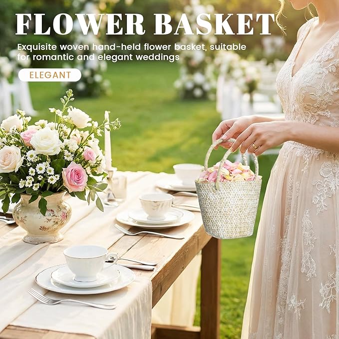 LemonRoad 2 Pcs Flower Girl Basket for Wedding Small Rustic Seagrass Basket with Handle Boho Wedding Flower Storage Farmhouse Decor for Petals Confetti Sweets Gifts 5.12 x 5.51''d (White)