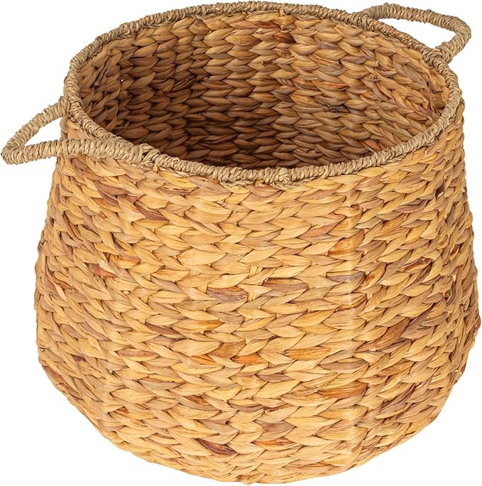 Household Essentials Round Handwoven Water Hyacinth and Seagrass Basket with Handles, Natural
