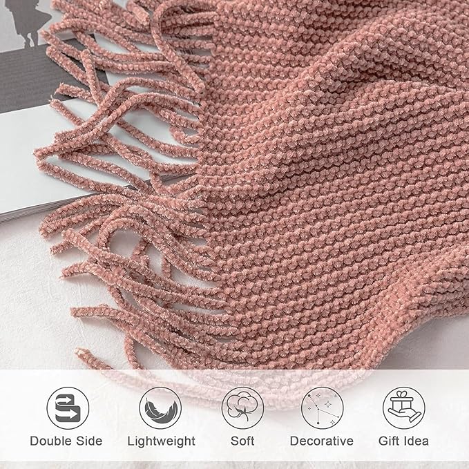 lifein Pink Throw Blanket for Couch, Soft Boho Decor Bed Throw,Cozy Chenille Knitted Small Farmhouse Lightweight Throw (Pink,50 * 60")