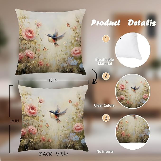 Vintage Spring Hummingbird Floral Pillow Cover 20x12 Double-Sided,Rustic Cottagecore Decor,French Country Spring Wildflower Bird Decorative Throw Pillow Cover for Couch Bed Bedroom Living Room