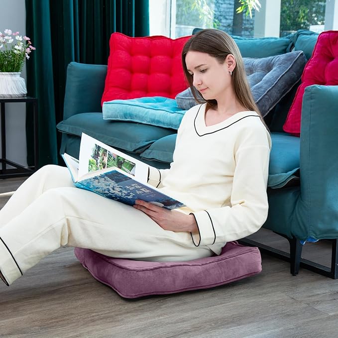 Floor Pillow Set of 4, Memory Foam Meditation Cushion, Floor Cushions for Adults Sitting, Large Square Seat Cushions for Yoga, Living Room, 20x20 Inch (Purple)