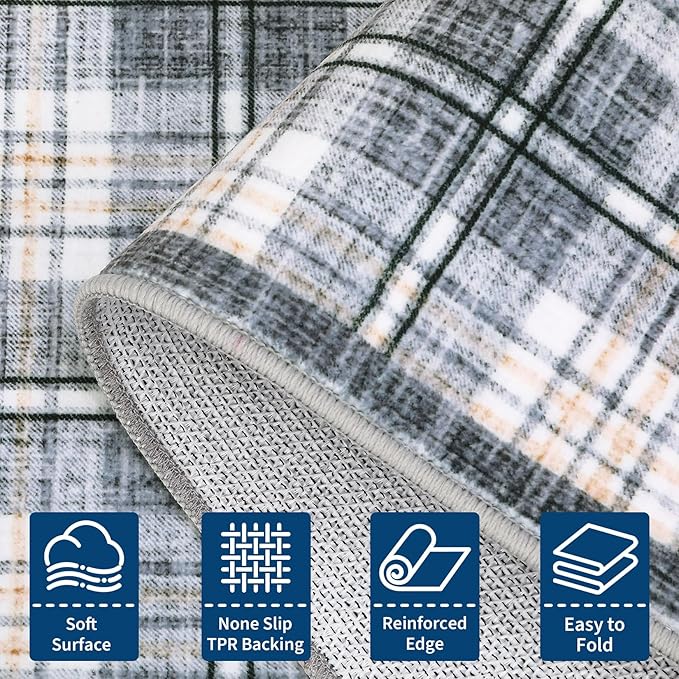 GarveeHome Checkered Area Rugs 6x9 for Living Room, Machine Washable Non Slip Backing Rug, Stain Resistant Low-Pile Indoor Carpet for Bedroom Dining Room Office Nursery Grey