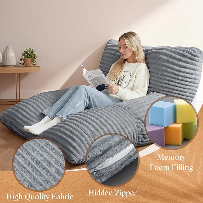 Honeydak 3 in 1 Giant Bean Bag Chair Cover Only (No Filler) Convertible Bean Bag Lazy Floor Sofa Cover Without Filling Washable Versatile Stuffed Animal Storage for Bedroom Living Room (Light Grey)