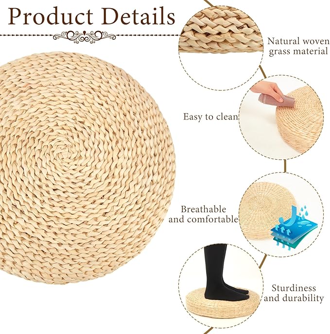 Barydat 6 Pcs Floor Cushions Round Large Pillow Seating Meditation Floor Pillow Boho Natural Woven Seat Cushion Japanese Tatami Cushion for Yoga Room Balcony Chair Pad, 15.75 Inch