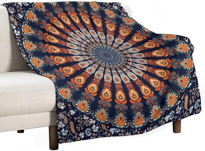 Indian Hippie Bohemian Throw Blanket Beautiful Peacock Mandala Blanket for Sofa Bed Couch Chair Or Dorm 40"x50"