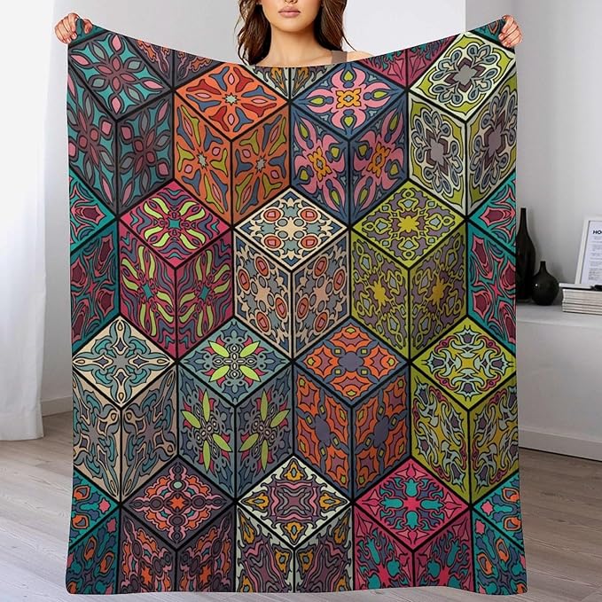 Hippie Bohemian Mandala Throw Blanket Indian Flower Floral Texture Print Blanket for Sofa Bed Couch Chair Or Dorm 60"x80"