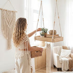 Novabright 1 Pcs Window Hanging Plant Shelf with Macrame Adjustable Rope, 16" Large Wooden Plant Hanger Indoor with Metal Frame, Load 50lb, Suit for Window Ceiling Wall Mount Boho Decor