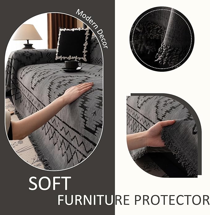 VClife Couch Cover Bohemian Tribal Sofa Cover Washable Sofa Protector, Non Slip Dark Gray Couch Covers for 2 Cushion Couch Sofa Thick Soft Chenille Sofa Slipcover 71"X118"