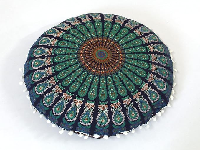 CRAFT KALA 22" Mandala Meditation Floor Pillows Cover Pouf Round Cover Seating Bohemian Mandala Cotton Floor Cushion Cover Outdoor Fireplace Seating Living Room Yoga Room Home Décor Blue Mirchi